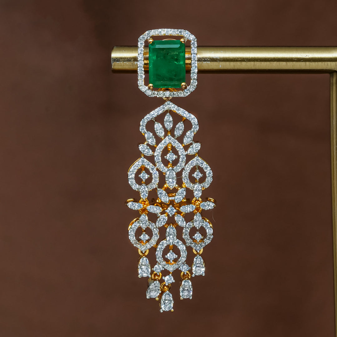 Close-up view of premium 92.5 silver cz emerald earrings with intricate detailing by Sri Fine Jewellery, Hyderabad (https://srifinejewellery.com)