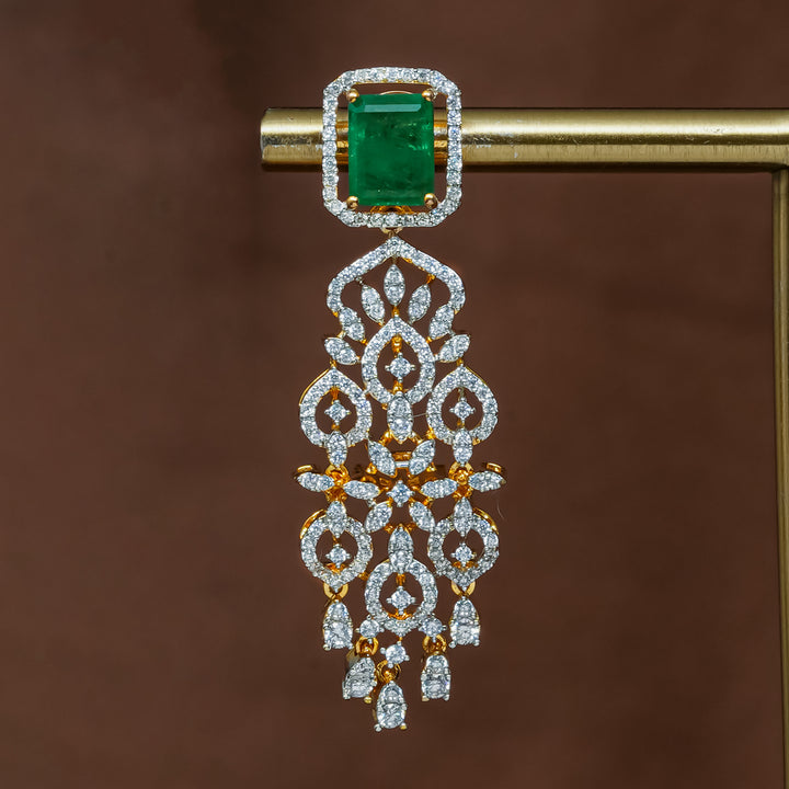 Close-up view of premium 92.5 silver cz emerald earrings with intricate detailing by Sri Fine Jewellery, Hyderabad (https://srifinejewellery.com)