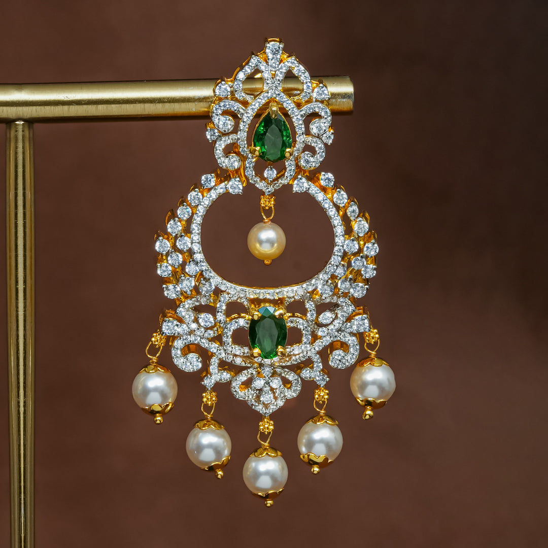 Close-up view of premium 92.5 silver cz emerald chandbali earrings with intricate detailing and pearl drops by Sri Fine Jewellery, Hyderabad (https://srifinejewellery.com)
