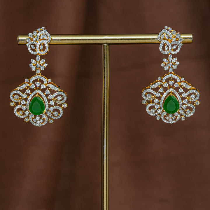 Full view of premium 92.5 silver cz emerald earrings with intricate detailing by Sri Fine Jewellery, Hyderabad (https://srifinejewellery.com)