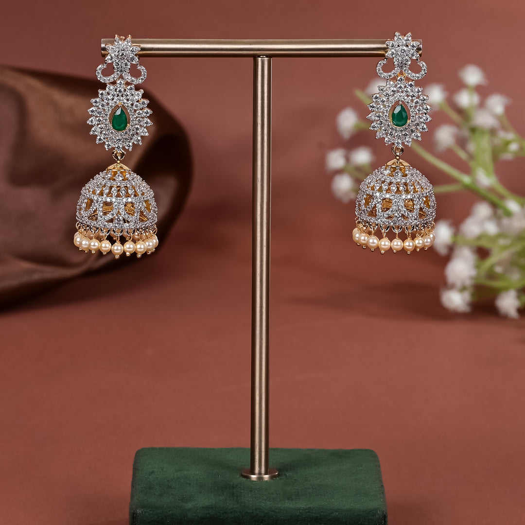 Hriday collection of 92.5 silver jhumka earrings with CZ stones, intricate  design for bridal and festive wear by Sri fine jewellery, Hyderabad.
(https://www.srifinejewellery.com)
