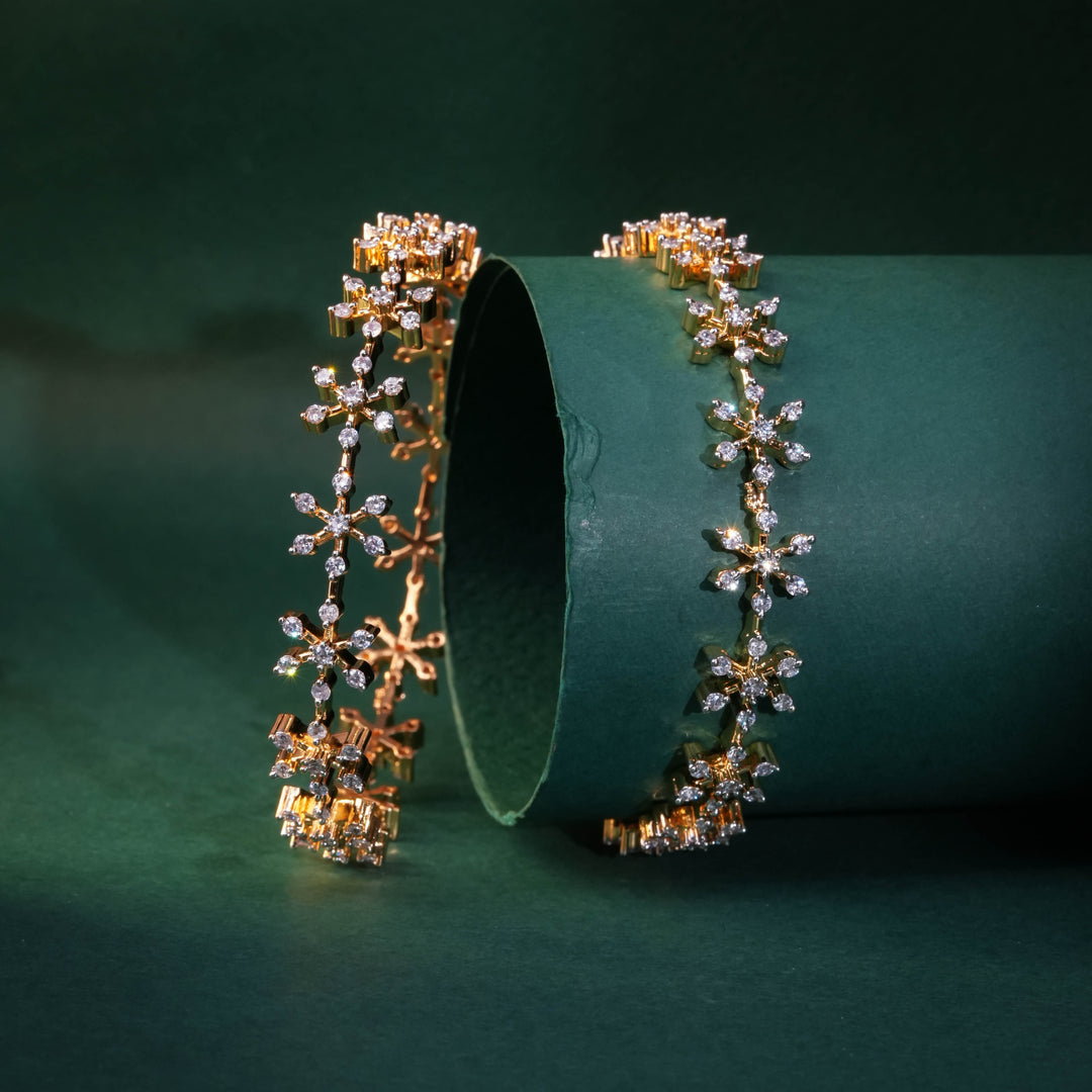 92.5 silver CZ bangles with floral motifs and gold-like finish by Sri Fine Jewellery, Hyderabad.
(https://www.srifinejewellery.com)