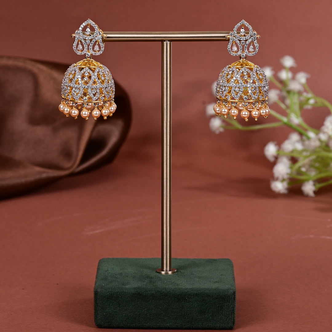 Hriday collection of 92.5 silver jhumka earrings with CZ stones, intricate  design for bridal and festive wear by Sri fine jewellery, Hyderabad.
(https://www.srifinejewellery.com)