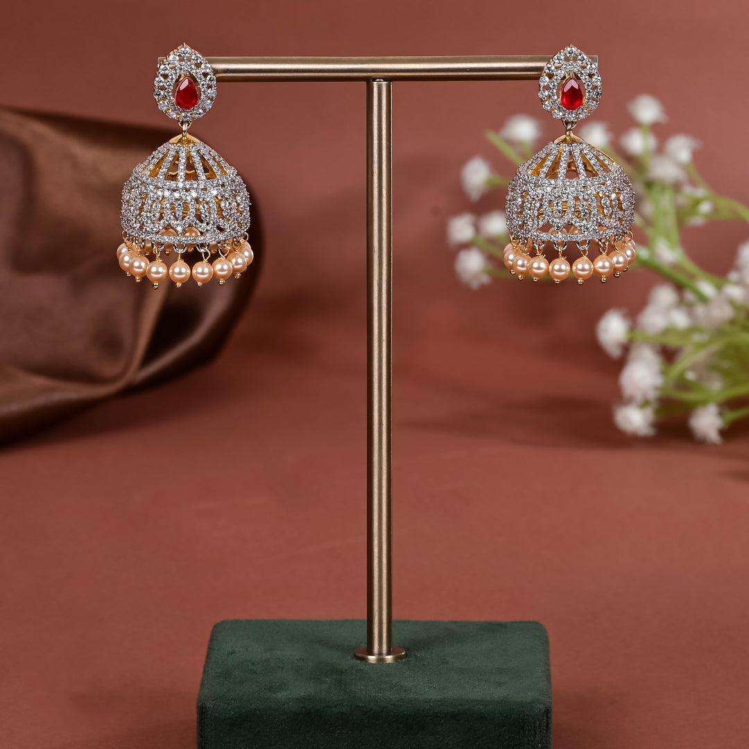 Hriday collection of 92.5 silver jhumka earrings with CZ stones, intricate  design for bridal and festive wear by Sri fine jewellery, Hyderabad.
(https://www.srifinejewellery.com)