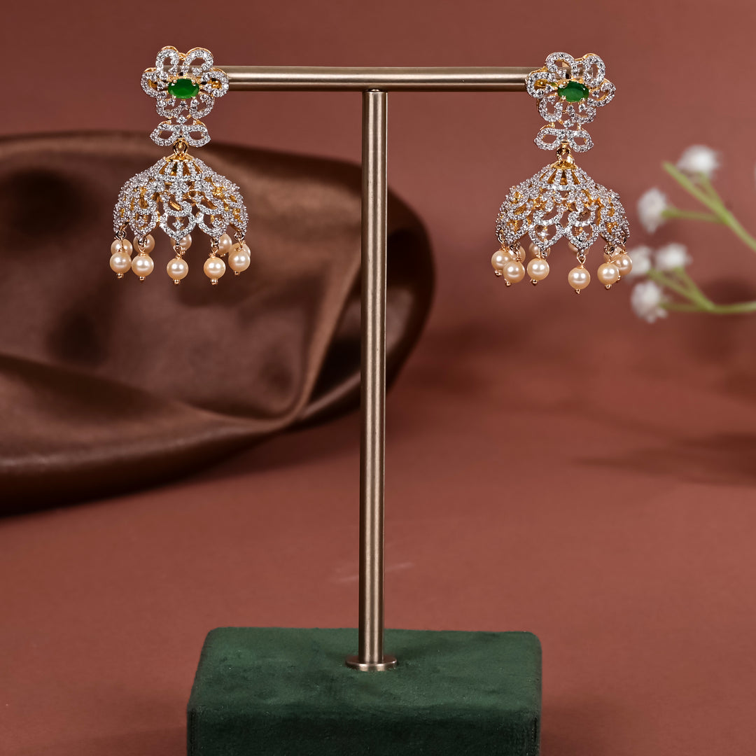 Hriday collection of 92.5 silver jhumka earrings with CZ stones, intricate  design for bridal and festive wear by Sri fine jewellery, Hyderabad.
(https://www.srifinejewellery.com)