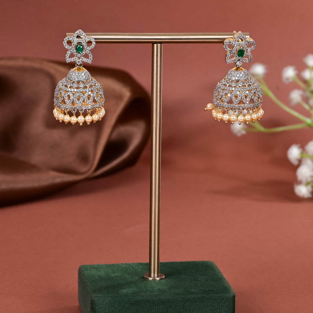Hriday collection of 92.5 silver jhumka earrings with CZ stones, intricate  design for bridal and festive wear by Sri fine jewellery, Hyderabad.
(https://www.srifinejewellery.com)