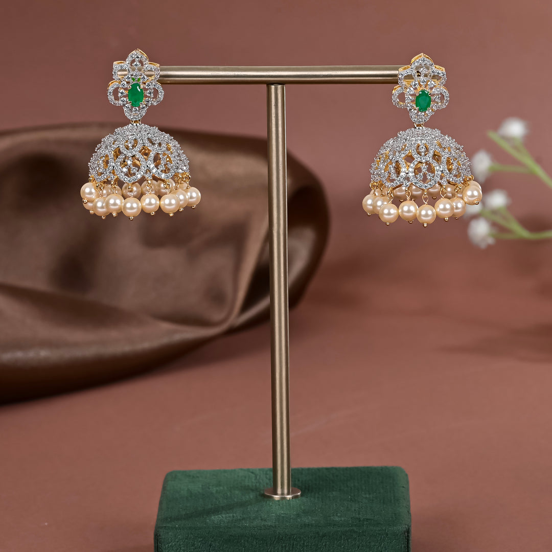 Hriday collection of 92.5 silver jhumka earrings with CZ stones, intricate  design for bridal and festive wear by Sri fine jewellery, Hyderabad.
(https://www.srifinejewellery.com)
