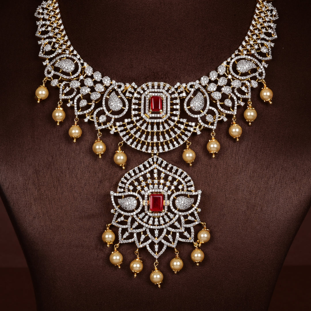 Hriday collection of 92.5 silver short necklace with CZ stones, intricate  design for bridal and festive wear by Sri fine jewellery, Hyderabad.
(https://www.srifinejewellery.com)