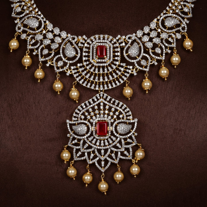 Close-up of Hriday collection of 92.5 silver short necklace with CZ stones, intricate  design for bridal and festive wear by Sri fine jewellery, Hyderabad.
(https://www.srifinejewellery.com)