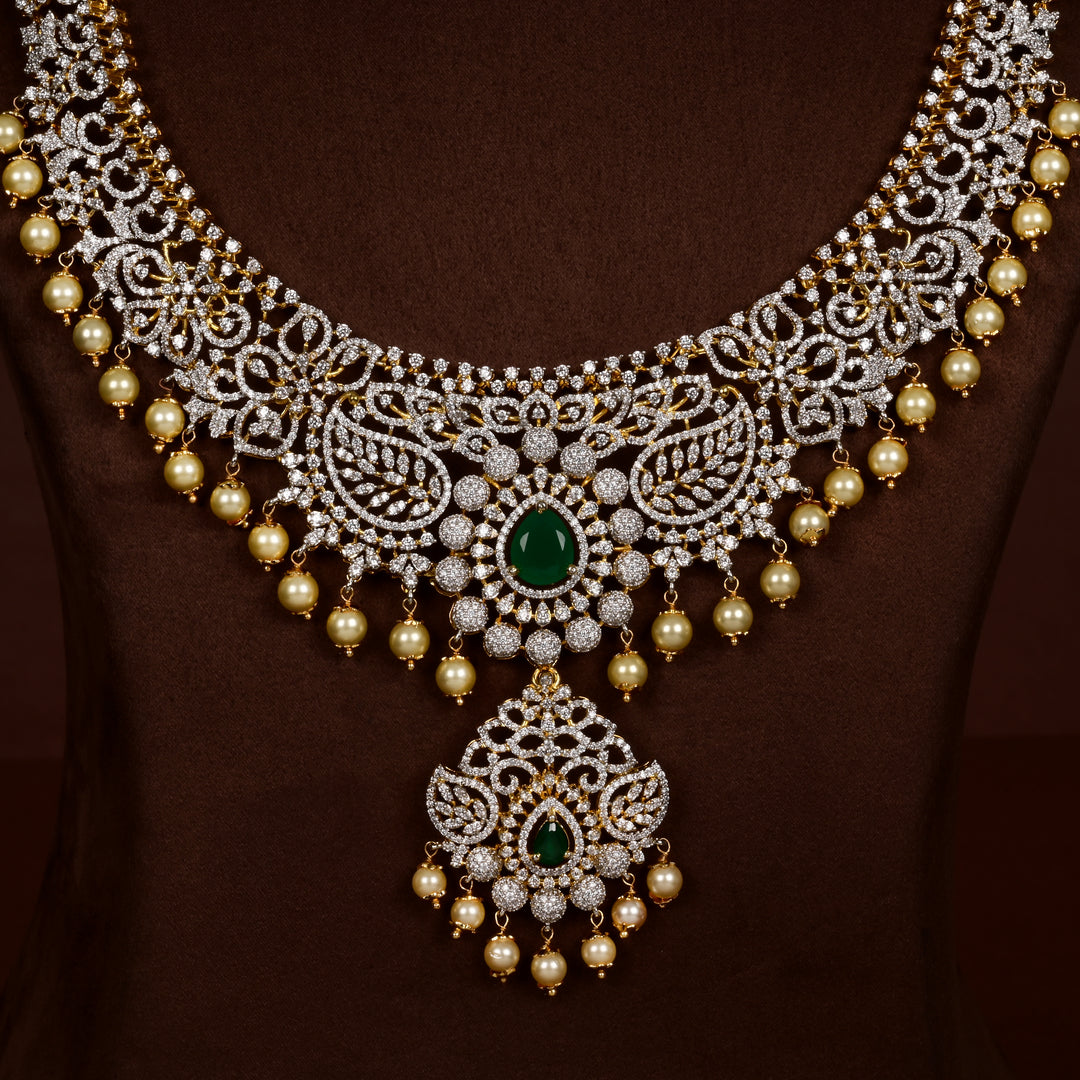 Hriday luxury choker in 92.5 silver with emerald stones, cz diamonds and elegant bridal craftsmanship by Sri Fine Jewellery, Hyderabad