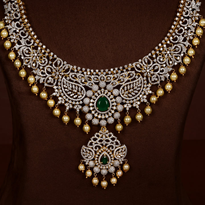 Hriday luxury choker in 92.5 silver with emerald stones, cz diamonds and elegant bridal craftsmanship by Sri Fine Jewellery, Hyderabad