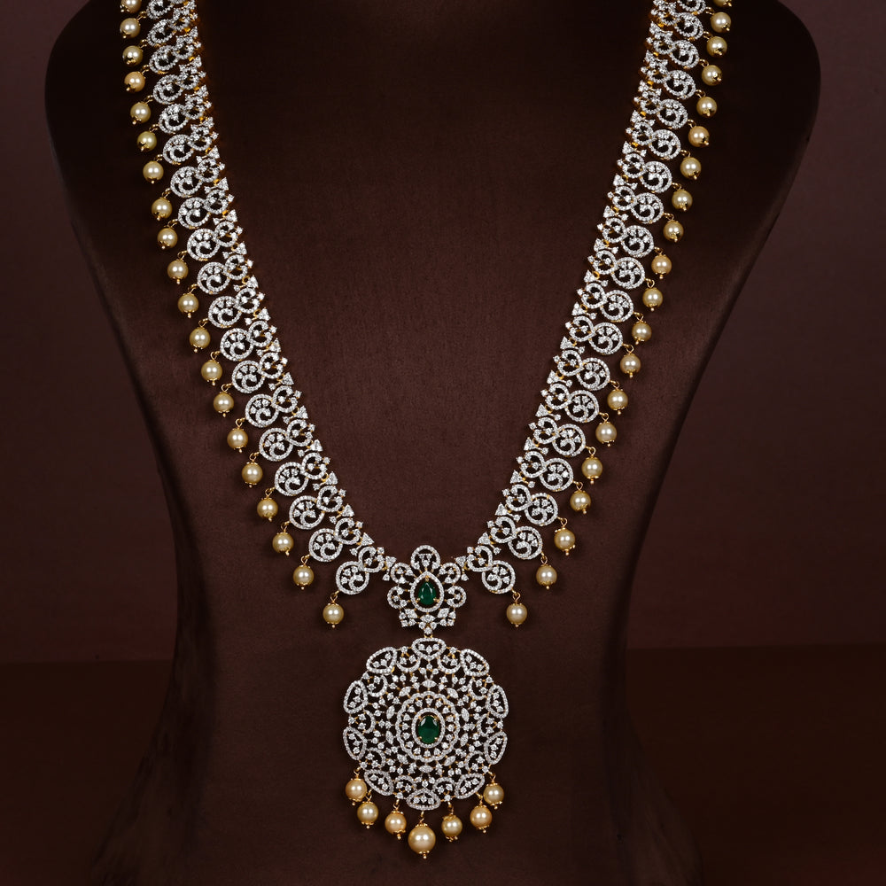 Close-up of Hriday collection of  92.5 silver short necklace with CZ stones, intricate floral motifs, and pendant design for bridal and festive wear by Sri Fine Jewellery, Hyderabad