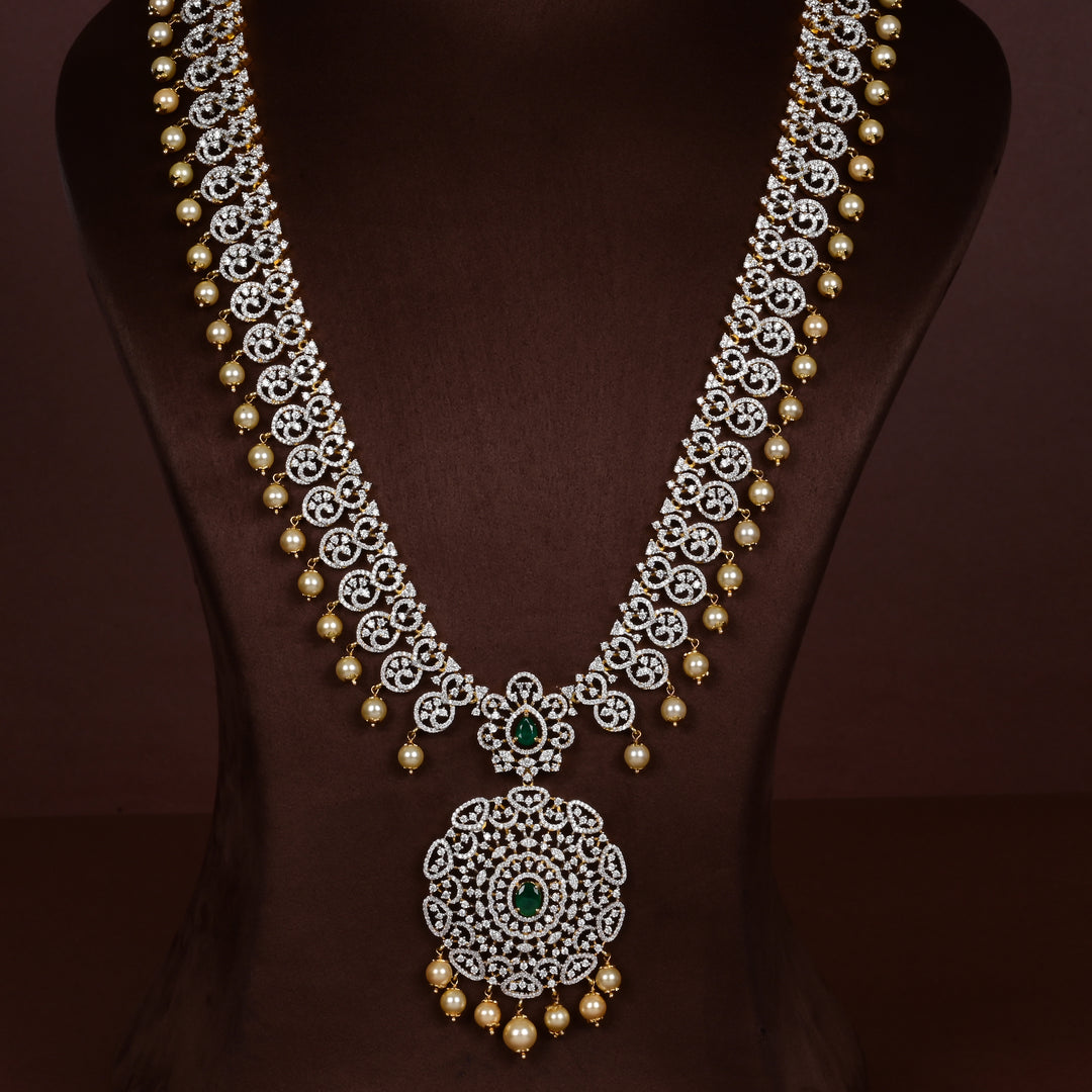 Close-up of Hriday collection of  92.5 silver short necklace with CZ stones, intricate floral motifs, and pendant design for bridal and festive wear by Sri Fine Jewellery, Hyderabad