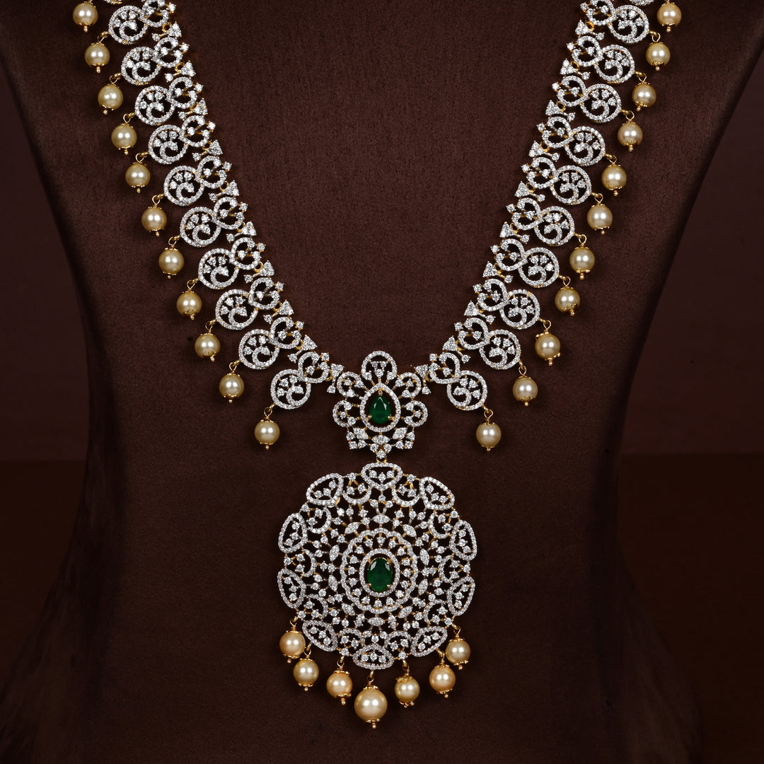 Close-up of Hriday collection of  92.5 silver short necklace with CZ stones, intricate floral motifs, and pendant design for bridal and festive wear by Sri Fine Jewellery, Hyderabad