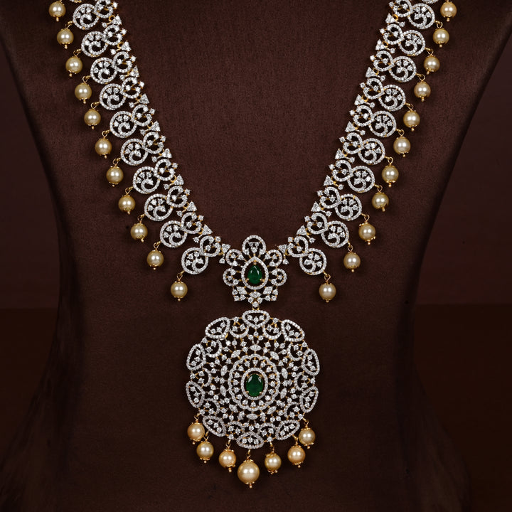 Close-up of Hriday collection of  92.5 silver short necklace with CZ stones, intricate floral motifs, and pendant design for bridal and festive wear by Sri Fine Jewellery, Hyderabad