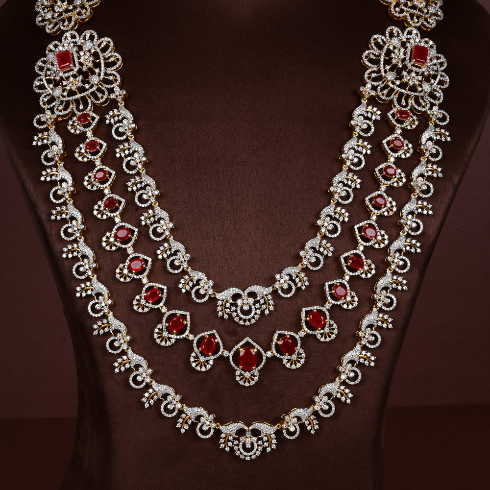 Close-up of Hriday collection of  92.5 silver Victorian-style long necklace with CZ stones, intricate floral motifs, and pendant design for bridal and festive wear by Sri Fine Jewellery, Hyderabad