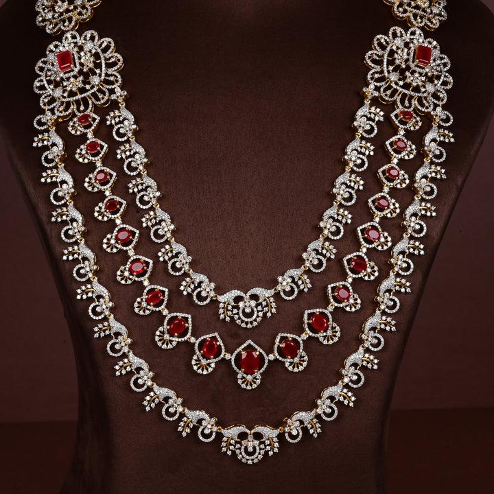 Close-up of Hriday collection of  92.5 silver Victorian-style long necklace with CZ stones, intricate floral motifs, and pendant design for bridal and festive wear by Sri Fine Jewellery, Hyderabad