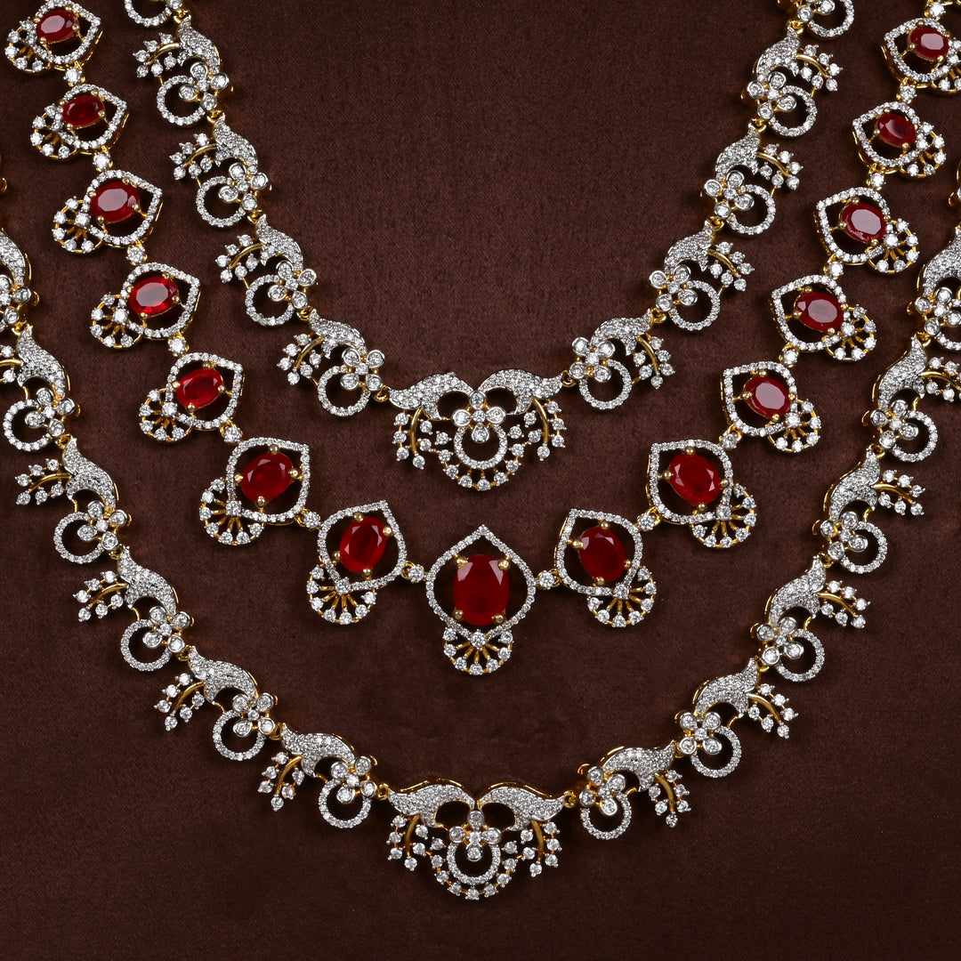 Close-up of Hriday collection of  92.5 silver Victorian-style long necklace with CZ stones, intricate floral motifs, and pendant design for bridal and festive wear by Sri Fine Jewellery, Hyderabad