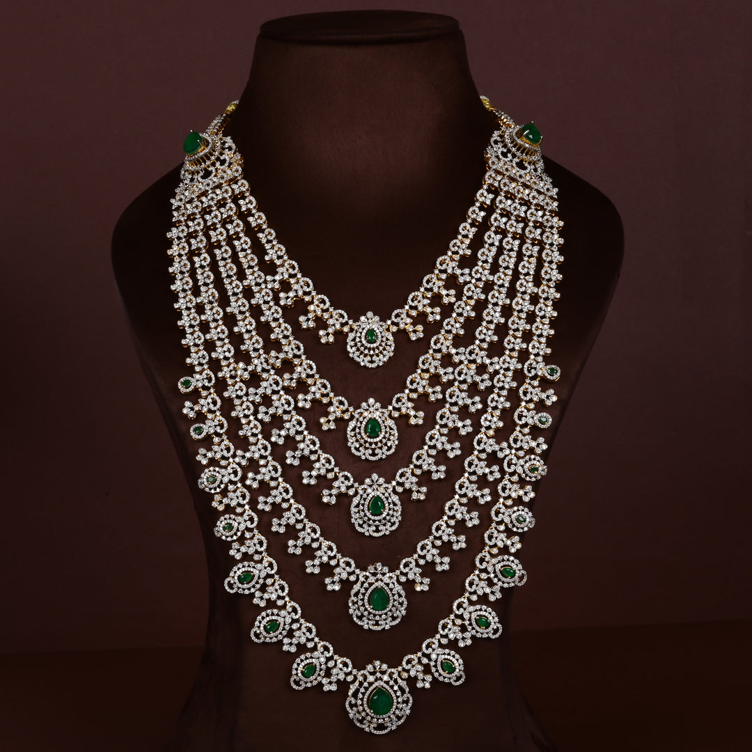 Hriday collection of  92.5 silver Victorian-style layered long necklace with CZ stones, intricate floral motifs, and pendant design for bridal and festive wear by Sri Fine Jewellery, Hyderabad