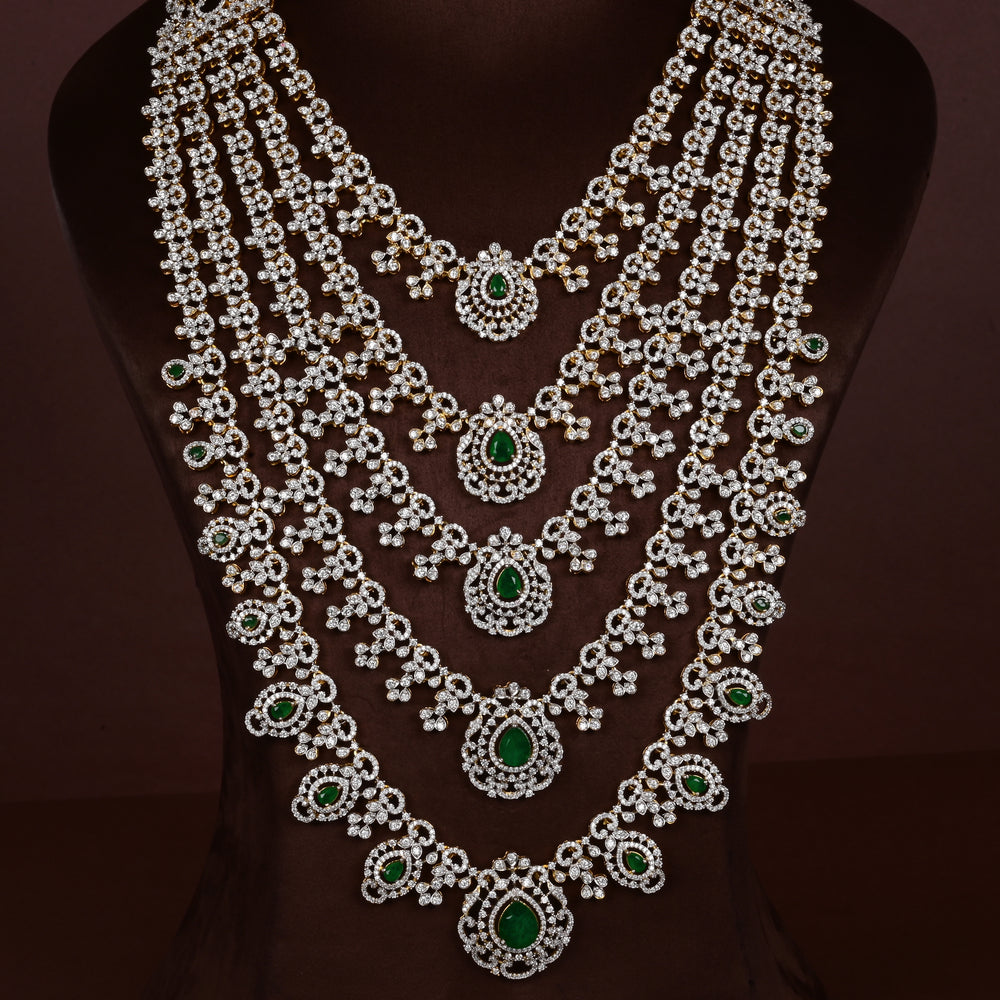 Close-up of Hriday collection of  92.5 silver Victorian-style long necklace with CZ stones, intricate floral motifs, and pendant design for bridal and festive wear by Sri Fine Jewellery, Hyderabad