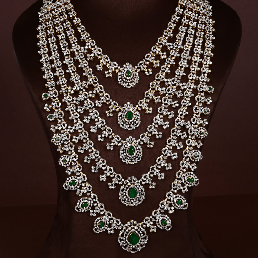 Close-up of Hriday collection of  92.5 silver Victorian-style long necklace with CZ stones, intricate floral motifs, and pendant design for bridal and festive wear by Sri Fine Jewellery, Hyderabad