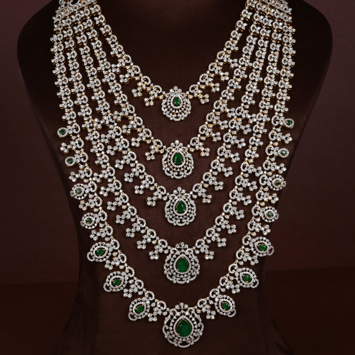 Close-up of Hriday collection of  92.5 silver Victorian-style long necklace with CZ stones, intricate floral motifs, and pendant design for bridal and festive wear by Sri Fine Jewellery, Hyderabad
