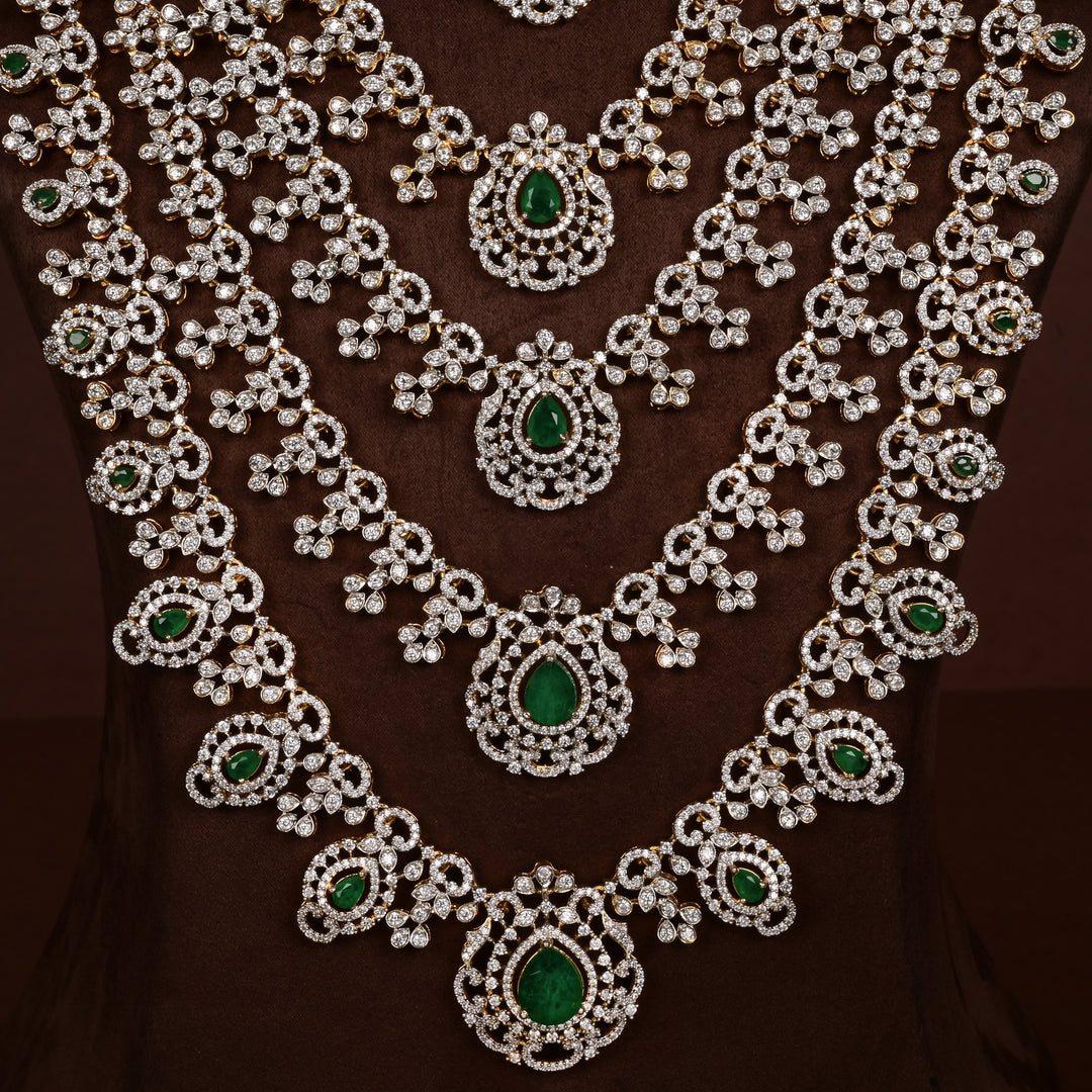 Close-up of Hriday collection of  92.5 silver Victorian-style long necklace with CZ stones, intricate floral motifs, and pendant design for bridal and festive wear by Sri Fine Jewellery, Hyderabad