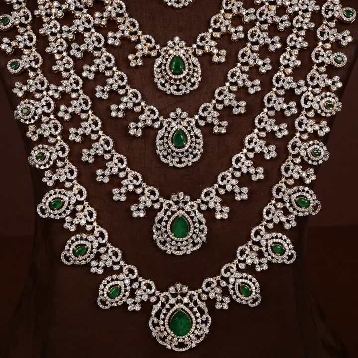 Close-up of Hriday collection of  92.5 silver Victorian-style long necklace with CZ stones, intricate floral motifs, and pendant design for bridal and festive wear by Sri Fine Jewellery, Hyderabad