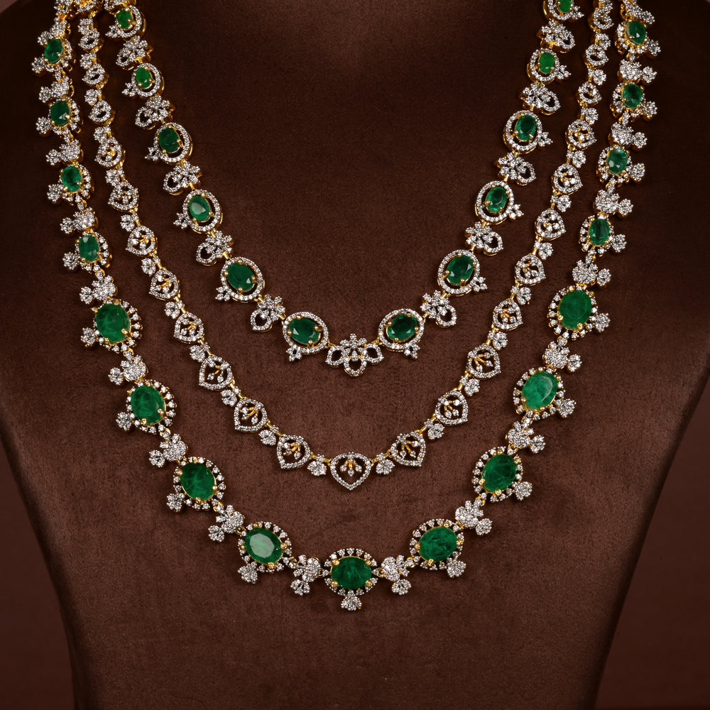 Close-up of Hriday collection of  92.5 silver Victorian-style long necklace with CZ stones, intricate floral motifs, and pendant design for bridal and festive wear by Sri Fine Jewellery, Hyderabad