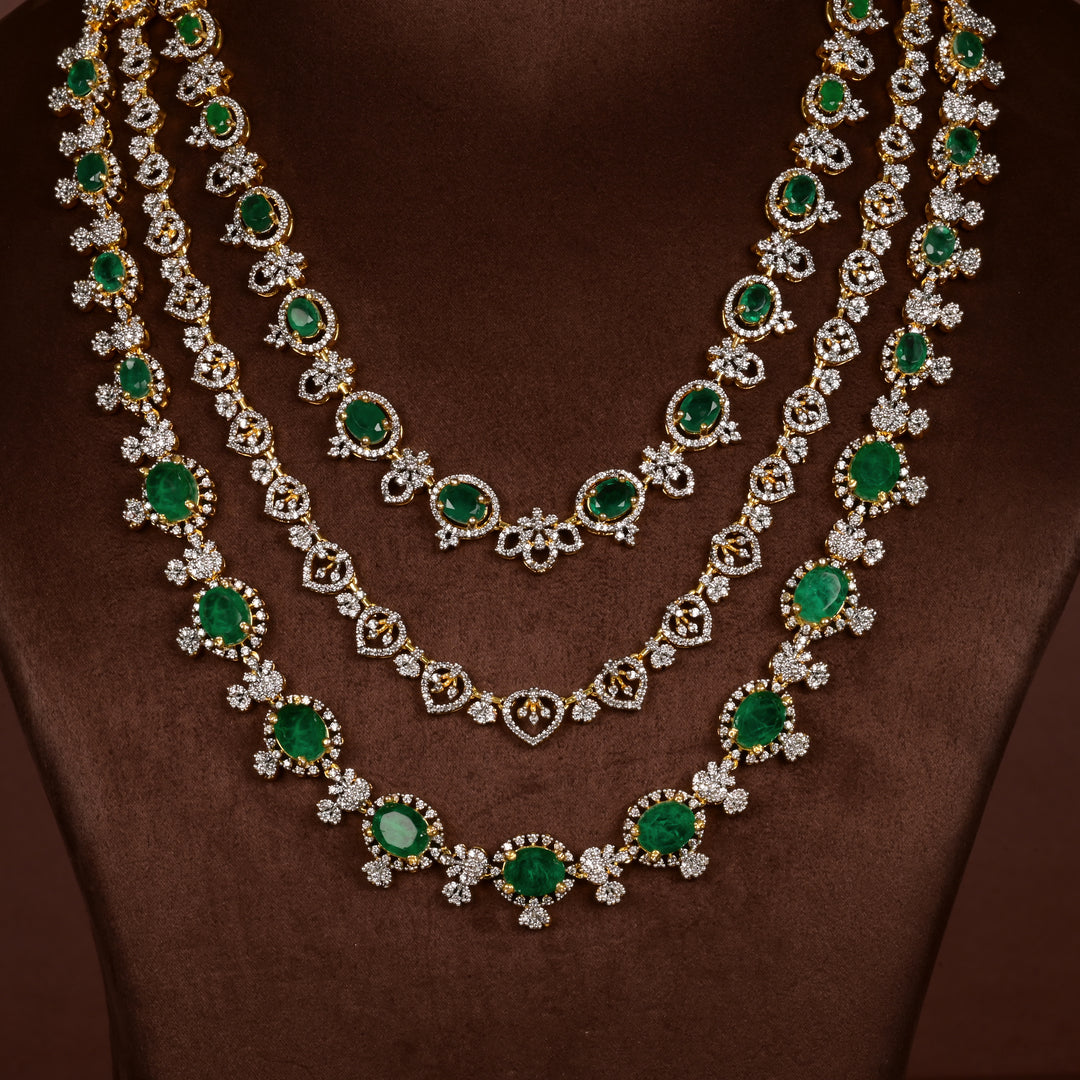 Close-up of Hriday collection of  92.5 silver Victorian-style long necklace with CZ stones, intricate floral motifs, and pendant design for bridal and festive wear by Sri Fine Jewellery, Hyderabad