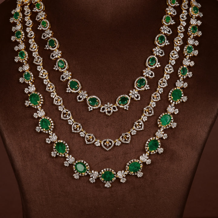 Close-up of Hriday collection of  92.5 silver Victorian-style long necklace with CZ stones, intricate floral motifs, and pendant design for bridal and festive wear by Sri Fine Jewellery, Hyderabad