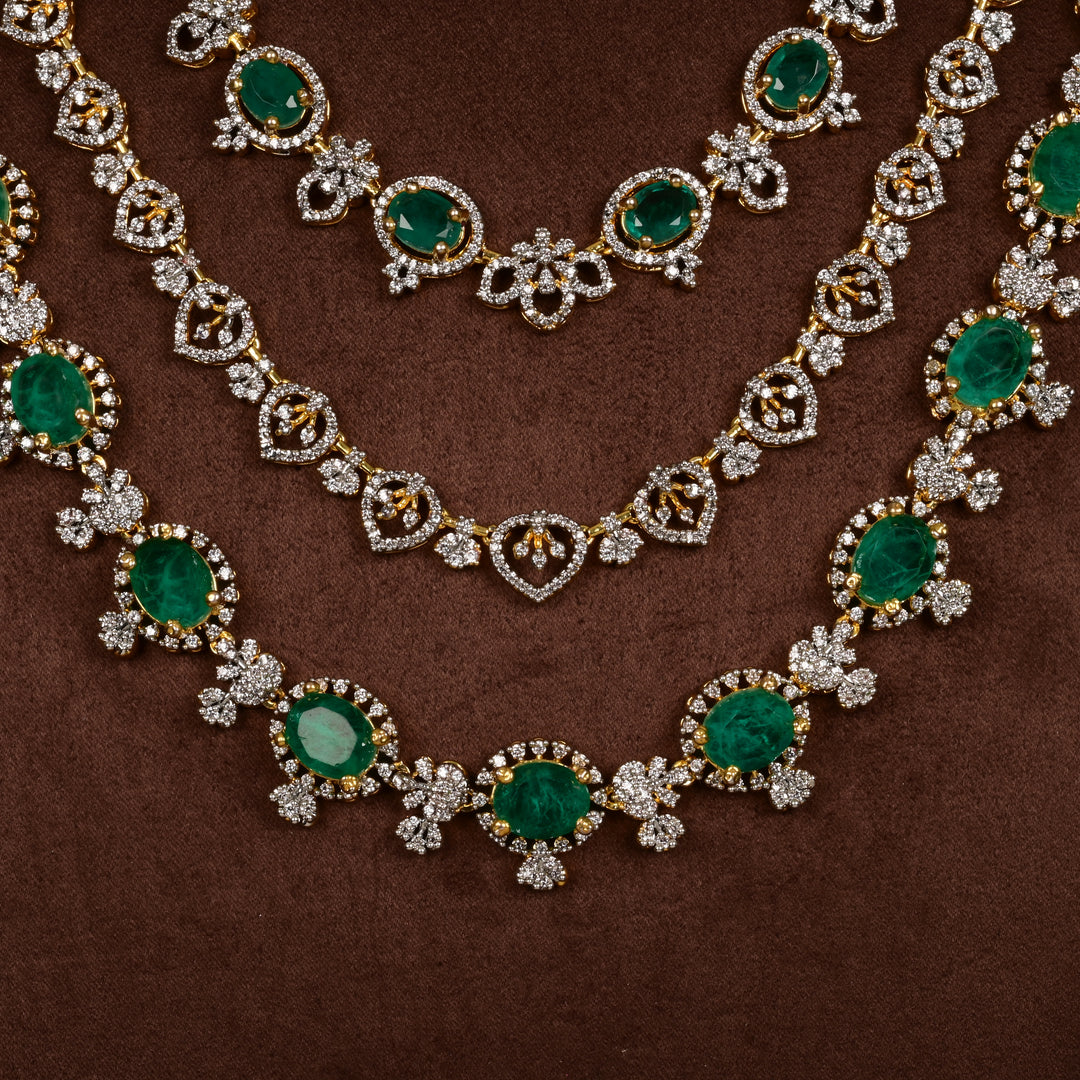 Close-up of Hriday collection of  92.5 silver Victorian-style long necklace with CZ stones, intricate floral motifs, and pendant design for bridal and festive wear by Sri Fine Jewellery, Hyderabad
