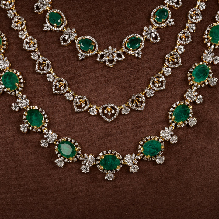 Close-up of Hriday collection of  92.5 silver Victorian-style long necklace with CZ stones, intricate floral motifs, and pendant design for bridal and festive wear by Sri Fine Jewellery, Hyderabad