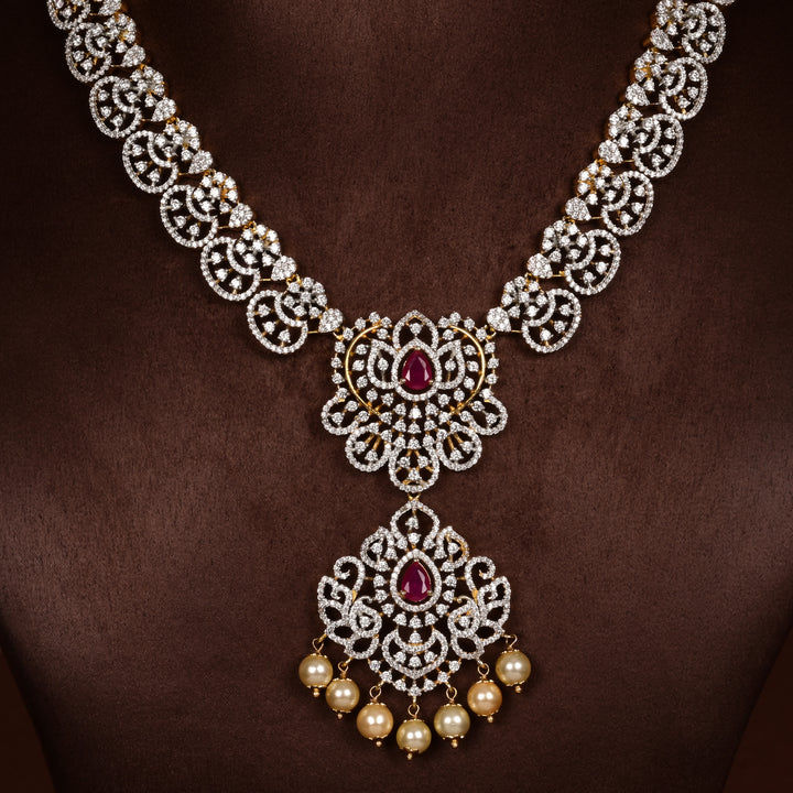 Close-up of Hriday collection of 92.5 silver short necklace with CZ stones, intricate  design for bridal and festive wear by Sri fine jewellery, Hyderabad.
(https://www.srifinejewellery.com)