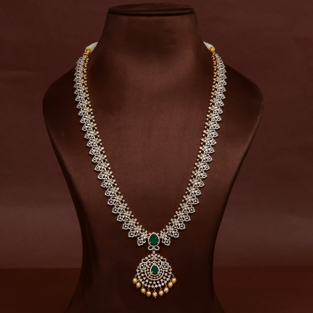 Hriday collection of  92.5 silver Victorian-style long necklace with CZ stones, intricate floral motifs, and pendant design for bridal and festive wear by Sri Fine Jewellery, Hyderabad.