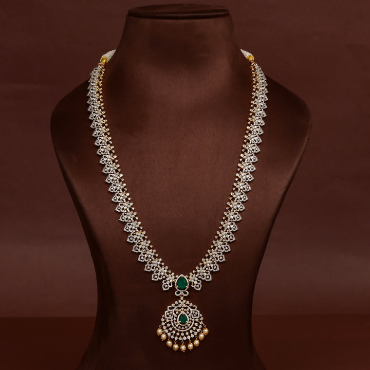 Hriday collection of  92.5 silver Victorian-style long necklace with CZ stones, intricate floral motifs, and pendant design for bridal and festive wear by Sri Fine Jewellery, Hyderabad.