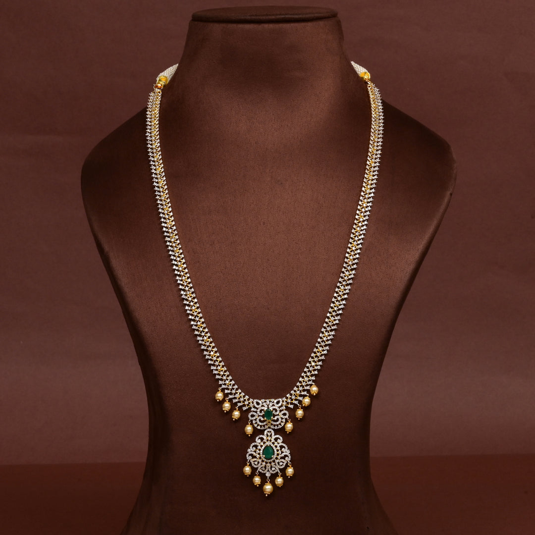 Hriday collection of  92.5 silver Victorian-style long necklace with CZ stones, intricate floral motifs, and pendant design for bridal and festive wear by Sri Fine Jewellery, Hyderabad.