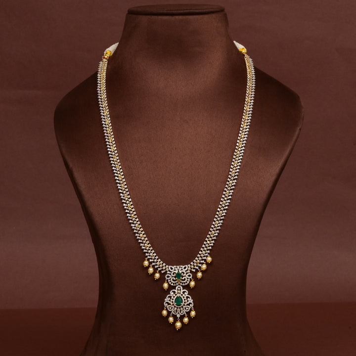 Hriday collection of  92.5 silver Victorian-style long necklace with CZ stones, intricate floral motifs, and pendant design for bridal and festive wear by Sri Fine Jewellery, Hyderabad.