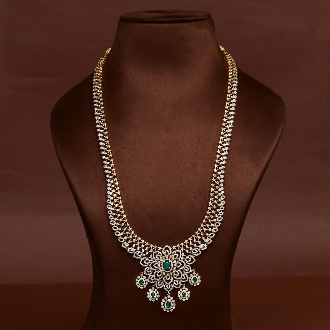 Hriday collection of 92.5 silver necklace with CZ stones, intricate floral motifs, and pendant design for bridal and festive wear by Sri Fine Jewellery, Hyderabad.