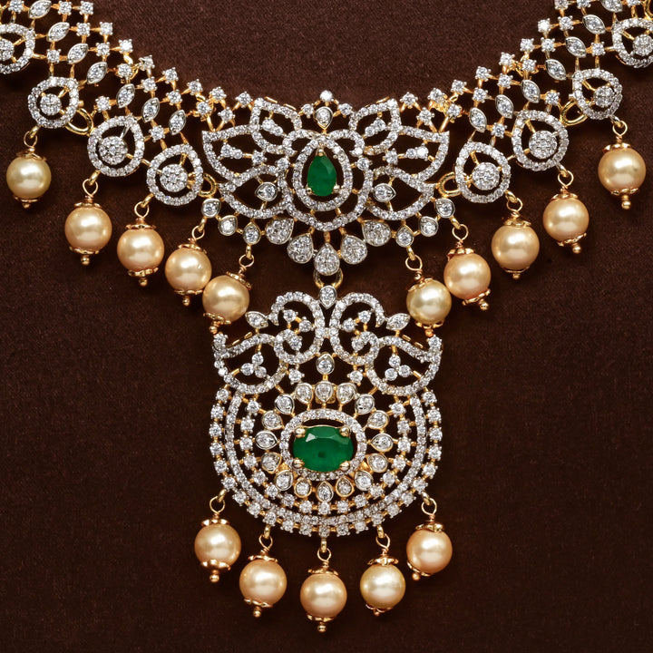 Close-up of Hriday collection of 92.5 silver necklace with CZ stones, intricate floral motifs, and pendant design for bridal and festive wear by Sri Fine Jewellery, Hyderabad.