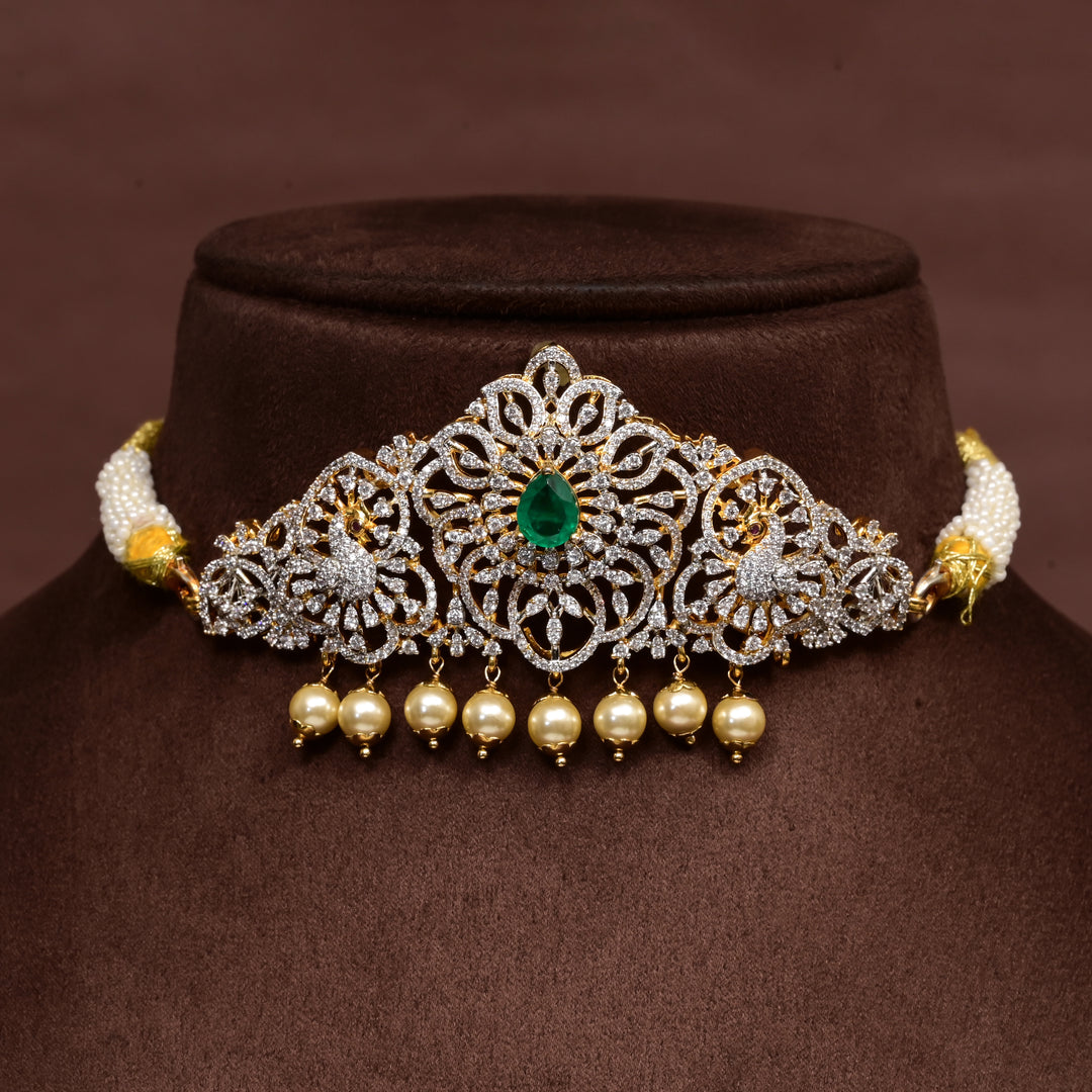 Hriday luxury choker in 92.5 silver with emerald stones, cz diamonds and elegant bridal craftsmanship by Sri Fine Jewellery, Hyderabad