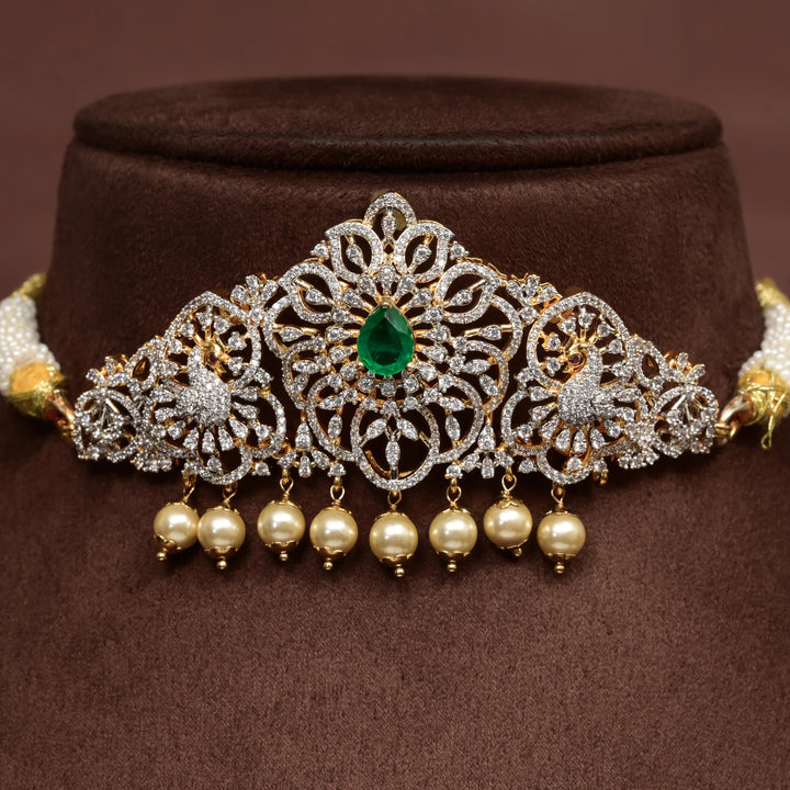 Hriday luxury choker in 92.5 silver with emerald stones, cz diamonds and elegant bridal craftsmanship by Sri Fine Jewellery, Hyderabad
