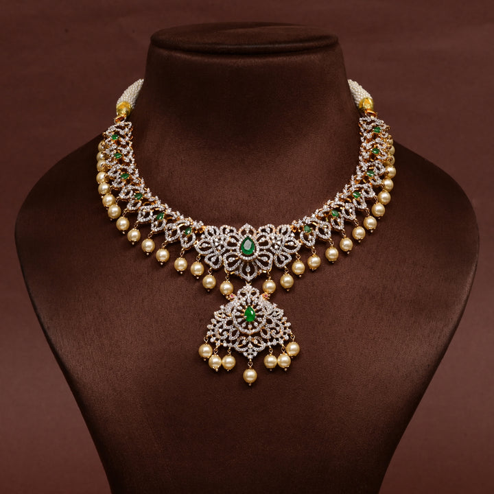 Hriday collection of 92.5 silver necklace with CZ stones, intricate floral motifs, and pendant design for bridal and festive wear by Sri Fine Jewellery, Hyderabad.