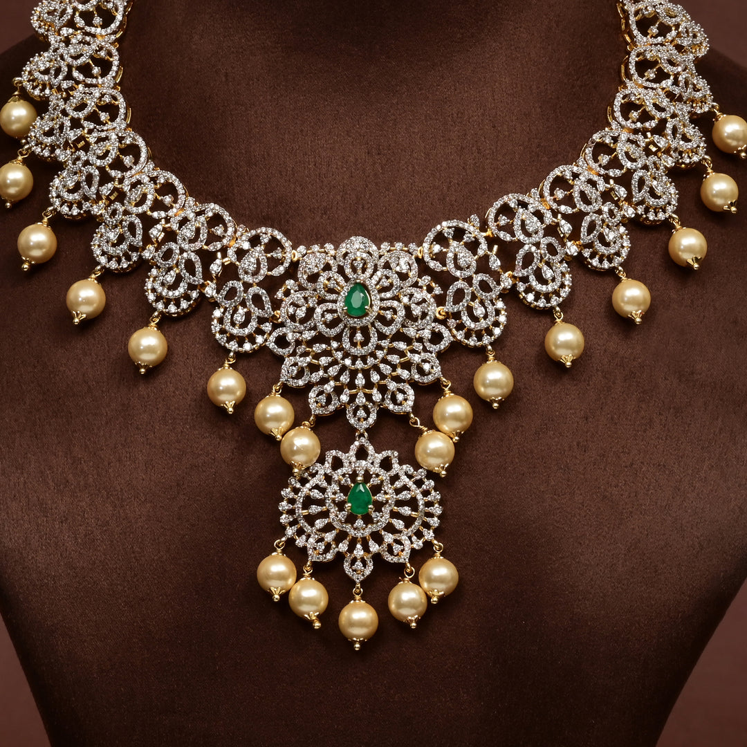 Close-up of Hriday collection of 92.5 silver necklace with CZ stones, intricate floral motifs, and pendant design for bridal and festive wear by Sri Fine Jewellery, Hyderabad.