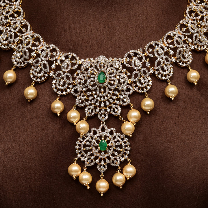 Close-up of Hriday collection of 92.5 silver necklace with CZ stones, intricate floral motifs, and pendant design for bridal and festive wear by Sri Fine Jewellery, Hyderabad.