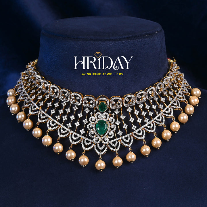 Hriday luxury choker in 92.5 silver with emerald stones, cz diamonds and elegant bridal craftsmanship by Sri Fine Jewellery, Hyderabad