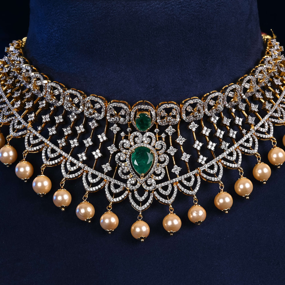 Close-up of Hriday luxury choker in 92.5 silver with emerald stones, cz diamonds and elegant bridal craftsmanship by Sri Fine Jewellery, Hyderabad