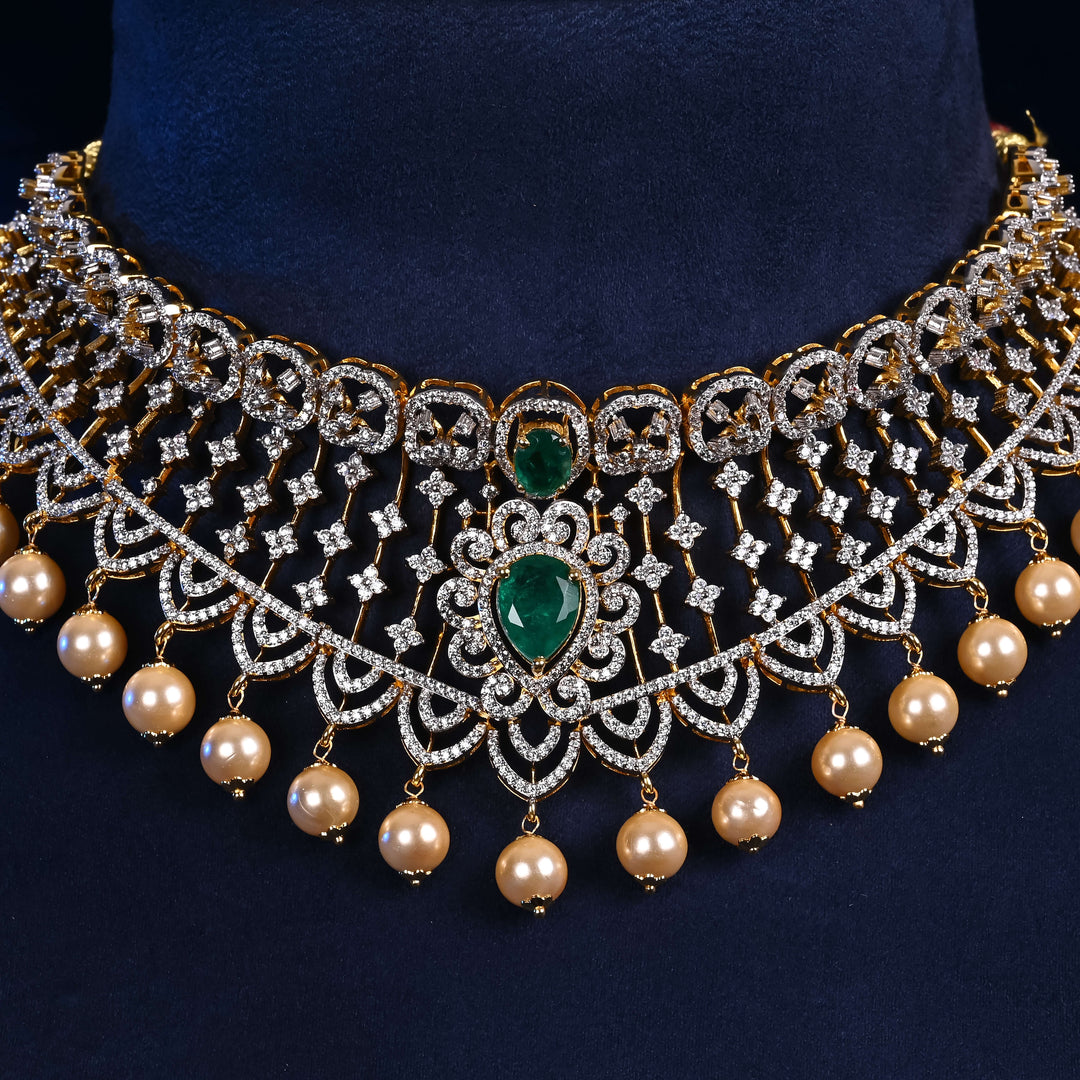 Close-up of Hriday luxury choker in 92.5 silver with emerald stones, cz diamonds and elegant bridal craftsmanship by Sri Fine Jewellery, Hyderabad