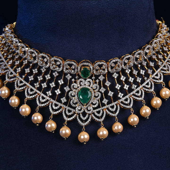 Close-up of Hriday luxury choker in 92.5 silver with emerald stones, cz diamonds and elegant bridal craftsmanship by Sri Fine Jewellery, Hyderabad