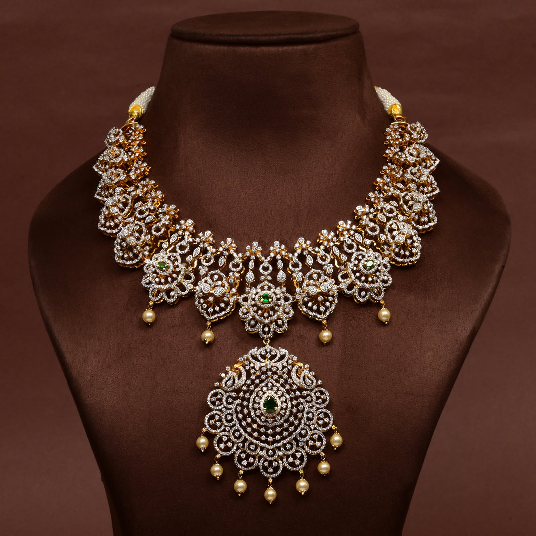 Hriday collection of  92.5 silver Victorian-style long necklace with CZ stones, intricate floral motifs, and pendant design for bridal and festive wear by Sri Fine Jewellery, Hyderabad.
